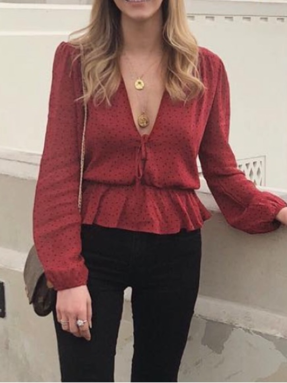 Reformation Red Long-Sleeve Peplum Blouse - Picture 1 of 11